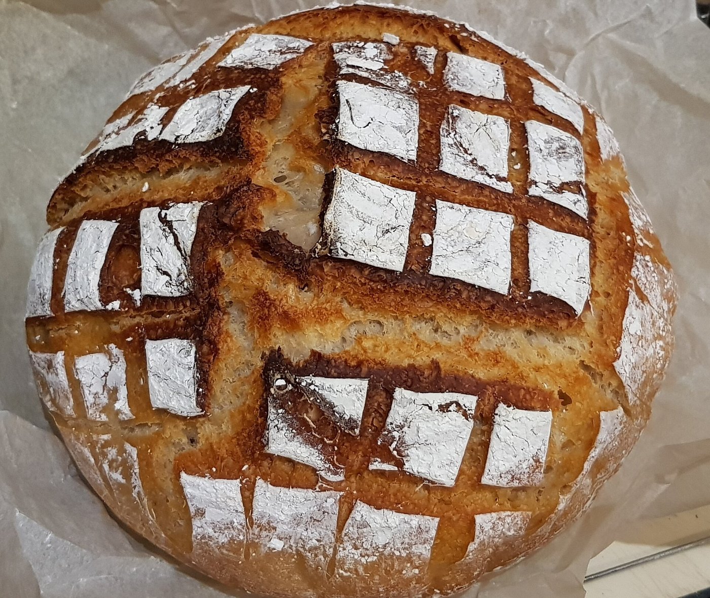 A whole loaf of sourdough bread