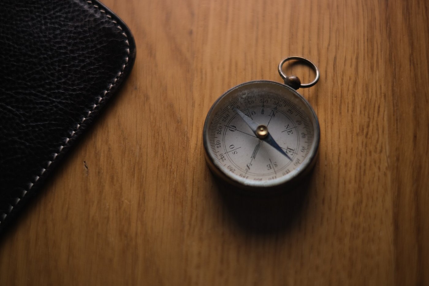 A compass needle settling on north